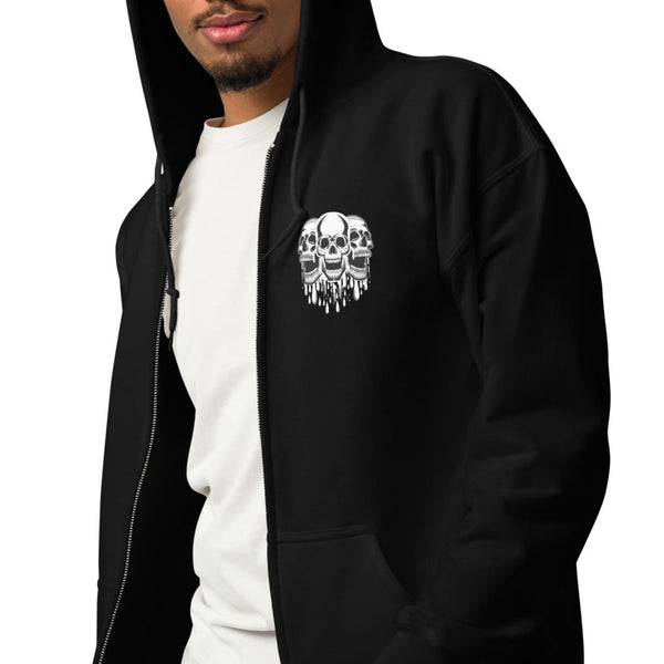 Introducing our Men's Three Skulls Dripping Zip Hoodie - A Heavy Blend of Style And Comfort!