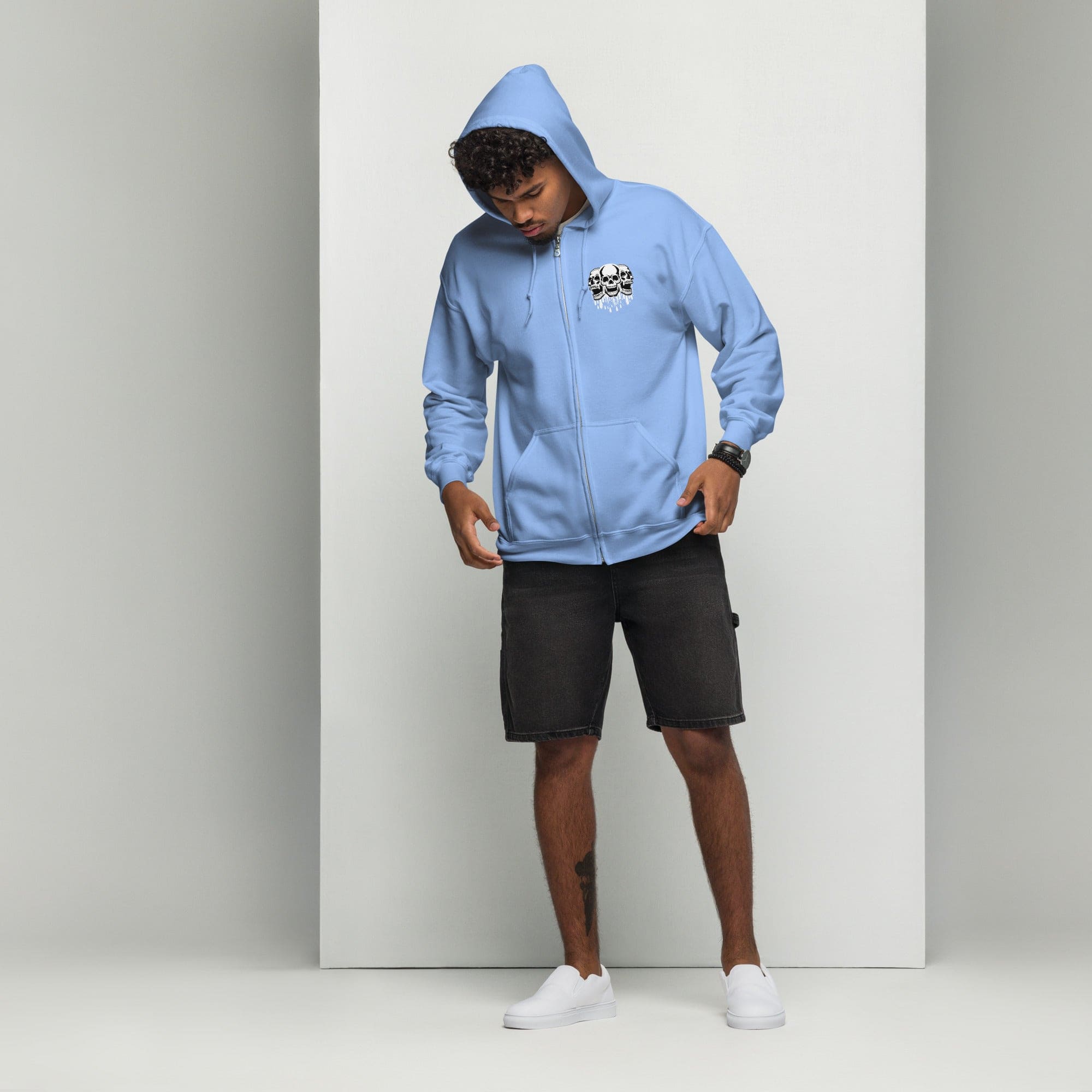 Introducing our Men's Three Skulls Dripping Zip Hoodie - A Heavy
