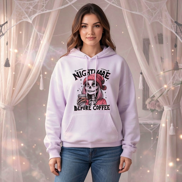 Women’s "Nightmare Before Coffee" Graphic Hoodie – Cozy Alt Gothic Pocket Sweatshirt