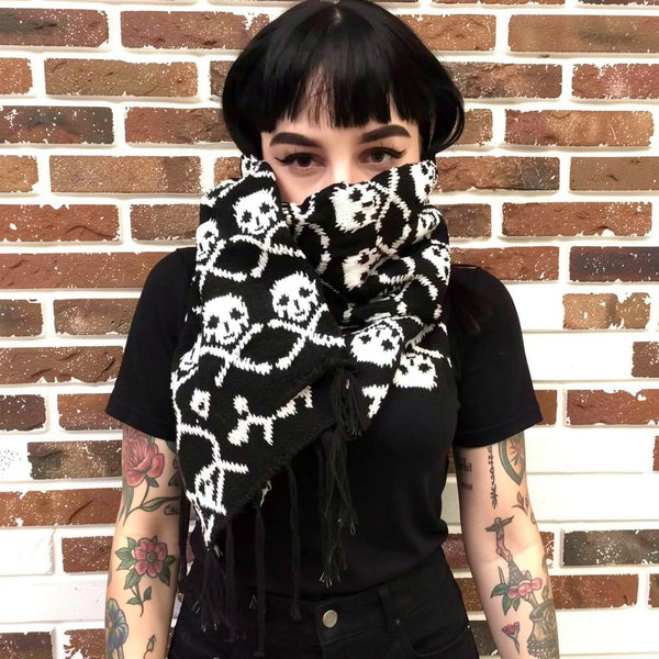Women’s Skull Knitted Winter Scarf with Fringe – Soft Warm Alt Gothic Wrap