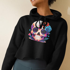 Get Ready to Rock With This Stylish Women's Skull Floral Long Sleeve Crop Hoodie!