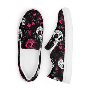Women’s Skulls Pink Floral Background Slip-On Canvas Shoes