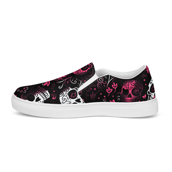 Women’s Skulls Pink Floral Background Slip-On Canvas Shoes