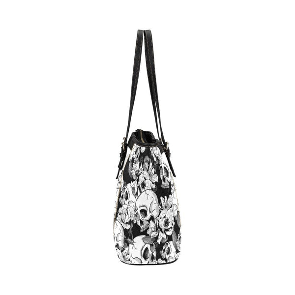 Skull Floral Grey White Leather Tote Bag