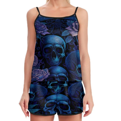 Ladies Blue Skull Floral Two-Piece Comfortable Pajama Set