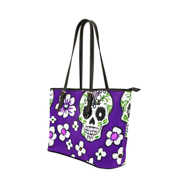 Skull Floral Purple Leather Large Tote Bag