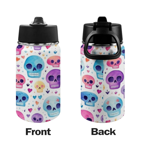 Kids Colorful Skull Water Bottle With Straw & Lid 12 oz