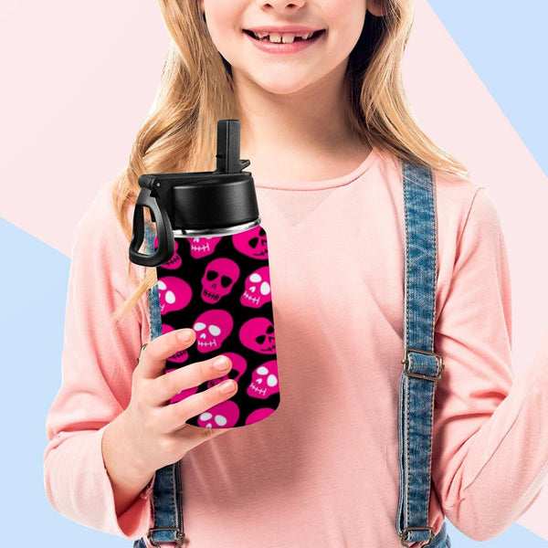 Kids Bright Pink Skull Pattern Water Bottle With Straw & Lid 12 oz
