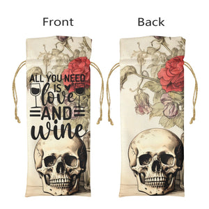 Skull & Roses All You Need Is Love And Wine Bag Linen Wine Bottle Bag