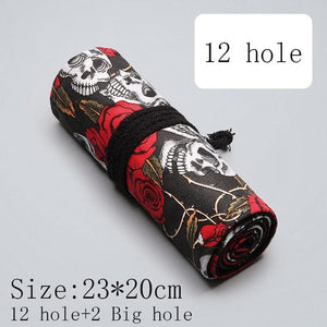 12/24 Hole Rose Skull Handmade Canvas Pencil Case