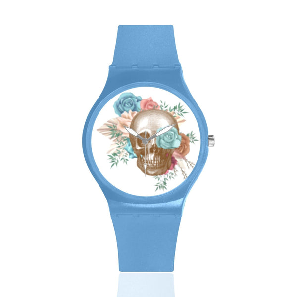 Boho Floral Skull Blue Band Unisex Round Rubber Sport Watch