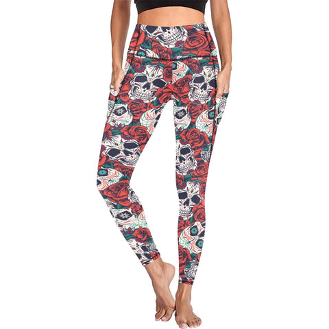 Make Your Workouts Bolder With Sugar Skulls Red Roses Women's Leggings With Pockets