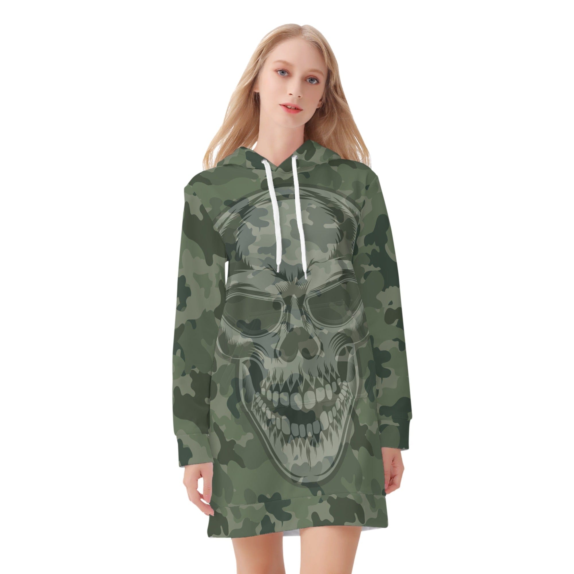 Women's Skull Green Camo Hoodie Dress White / XS Women's Skull Green Camo Hoodie Dress White / XS