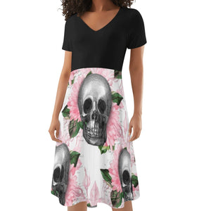 Women's Skull Pink Floral Black Ruffle Summer Dress