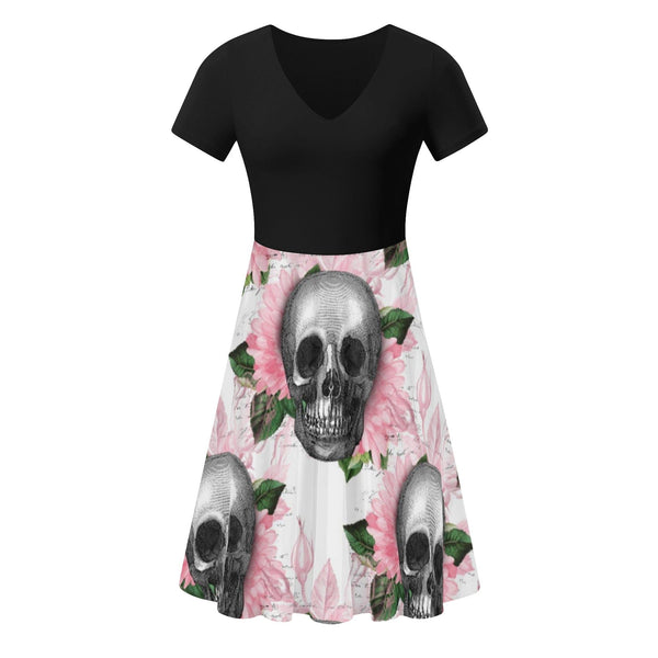 Women's Skull Pink Floral Black Ruffle Summer Dress