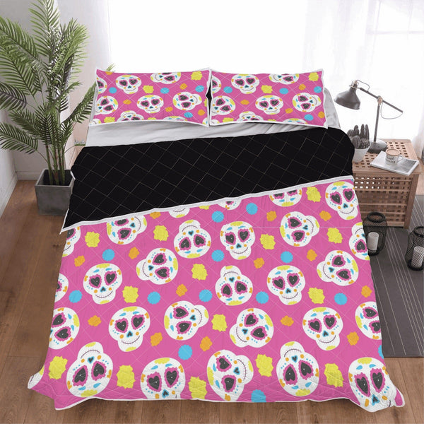 Colorful Skull Print Quilt Bed 3 Piece Set