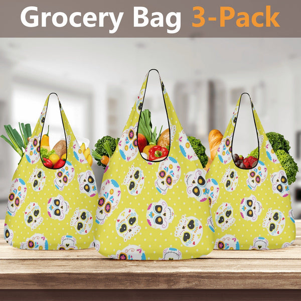 Yellow Sugar Skull 3 Pack of Grocery Bags