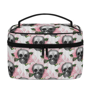Skull Pink Floral Leather Cosmetic Bag