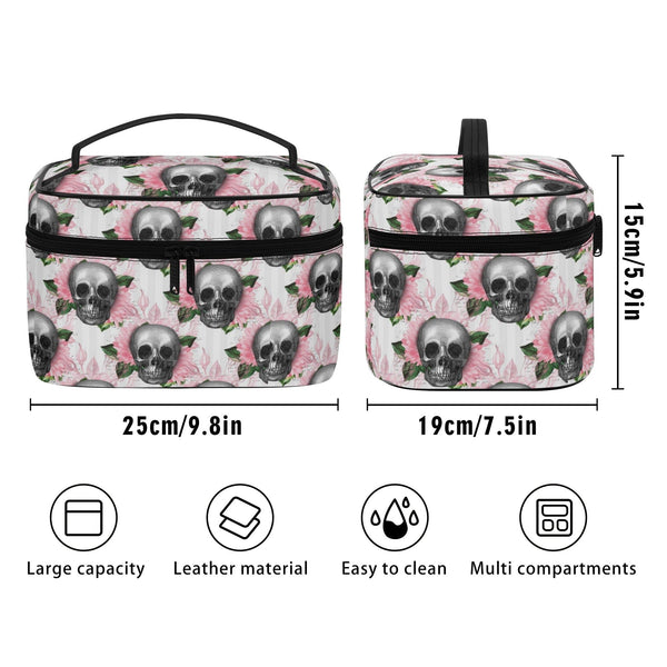 Skull Pink Floral Leather Cosmetic Bag