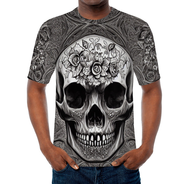 Men's Gray Skull Face Floral T-shirts