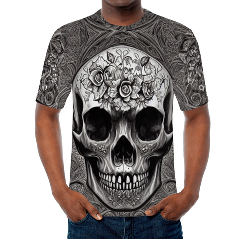 Men's Gray Skull Face Floral T-shirts