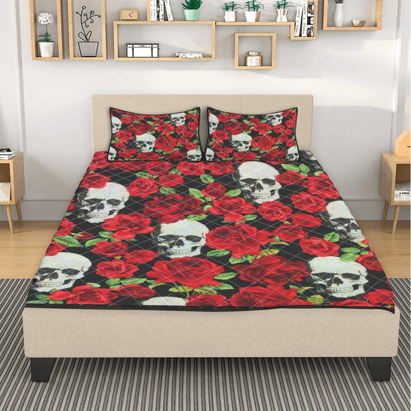 Skull & Red Roses Quilt Bed Set