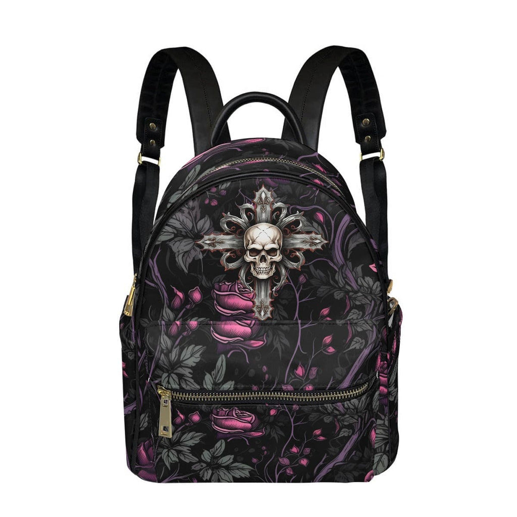 gothic mini backpack 20 usd Gothic Pink Roses And Vines Skull Cross Small Size Backpack – Everything Skull Clothing Merchandise and Accessories