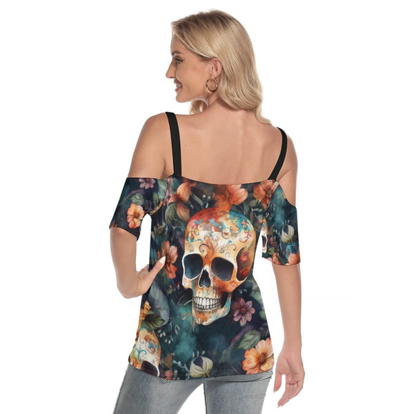 Women's Skulls Brown Floral Cold Shoulder T-shirt With Criss Cross Strips