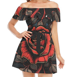 Women's Gothic Red Rose Off-shoulder Dress With Ruffle