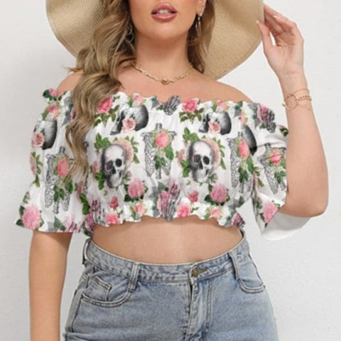 Women's Pink Skulls & Flowers Off-shoulder Cropped Top With Short Puff Sleeve