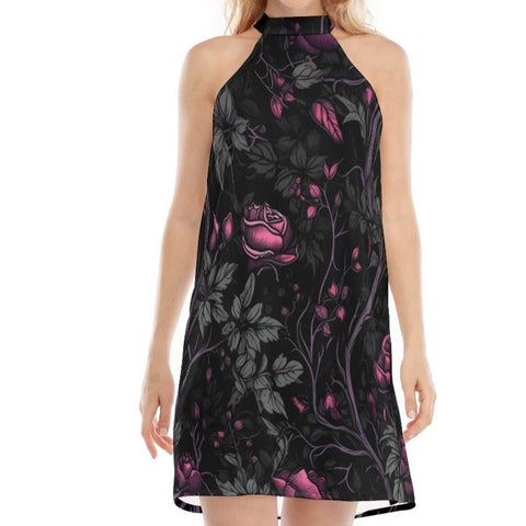 Women's Black Floral With Pink Roses Dress With Neck Tie