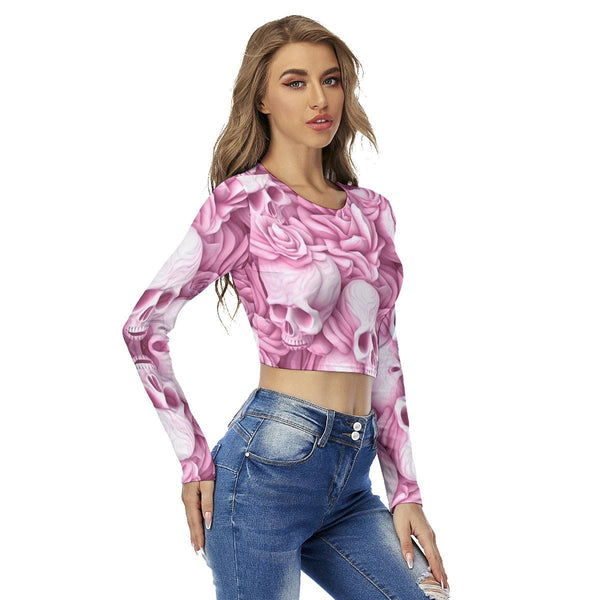 Women's Skulls & Pink Roses Round Neck Crop Top T-Shirt