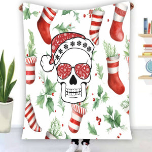 Skull Santa With Stockings Christmas Single-Side Printing Flannel Blanket
