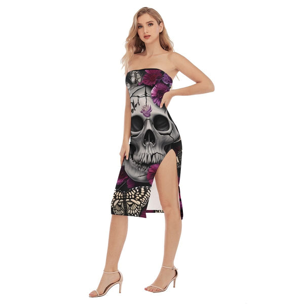 Purple Blossoms & Butterflies Elegant Women's Skull Tube Dress with Stylish Side Split