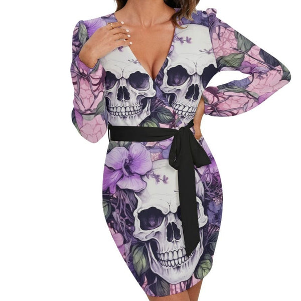 Women's Purple Floral Skulls Long Sleeve Dress With Waist Belt