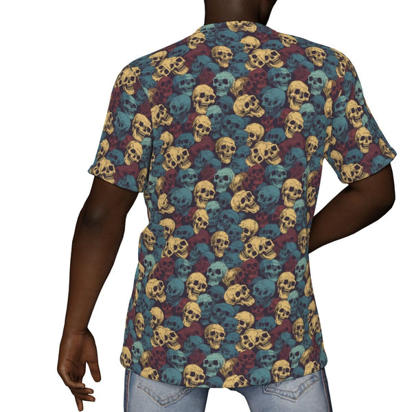 Men's Blue Gold Skulls V-Neck Short Sleeve T-Shirt