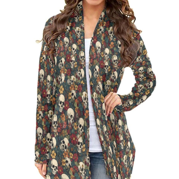 Women's Brown Floral Skulls Cardigan With Long Sleeve