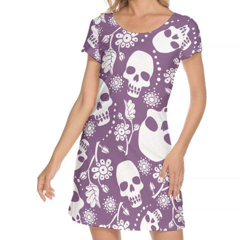 Women's Purple With White Skulls Short Sleeve O-neck Dress