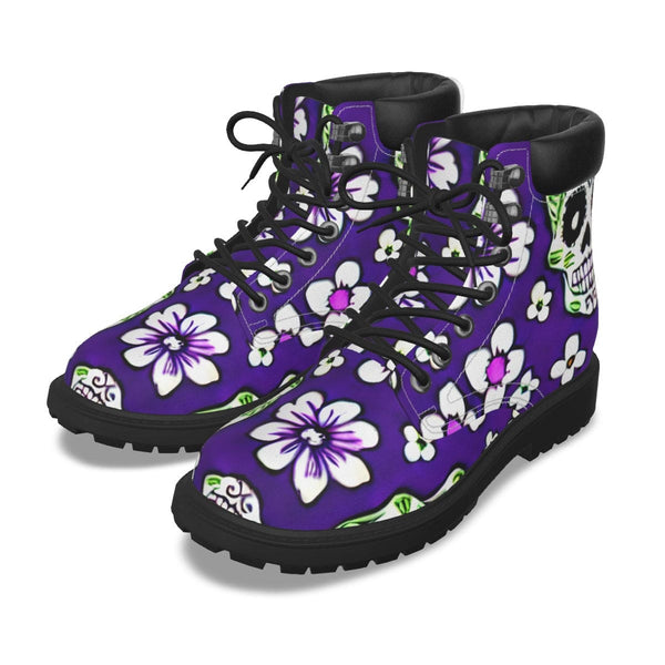 Women's Purple Sugar Skull Floral Short Boots