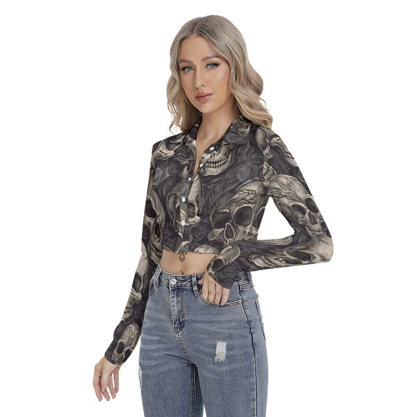 Women's Gray Skulls Blouse With Pleated Placket
