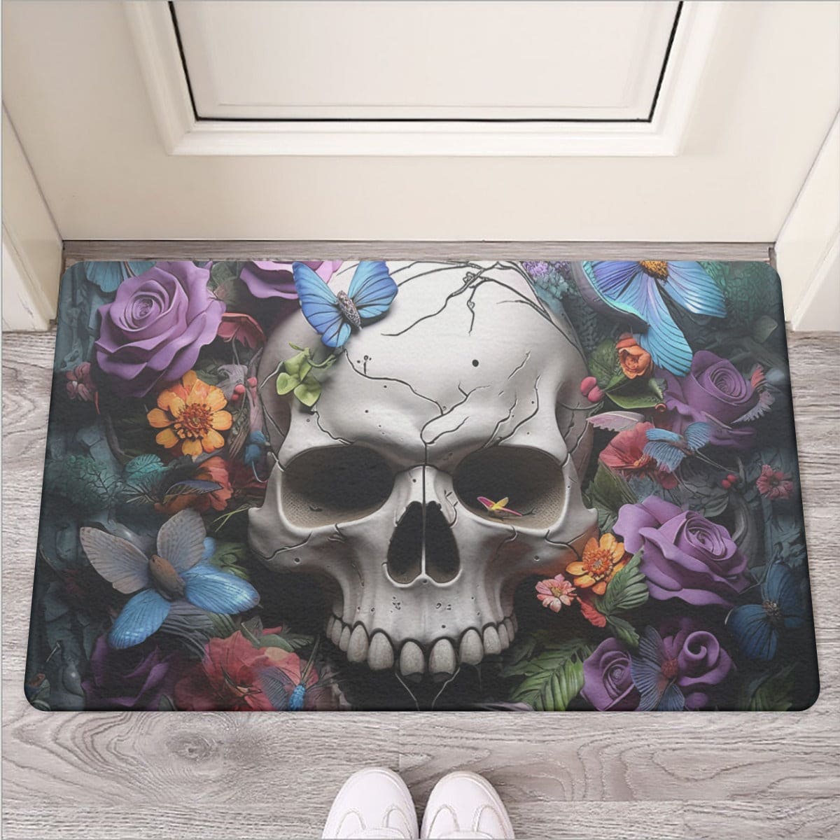 Skull Butterfly Floral Door Mat With Non-Slip Back