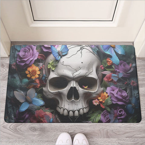 Skull Butterfly Floral Door Mat With Non-Slip Back