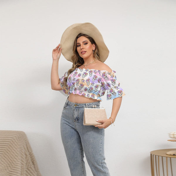 Women's Pastel Skulls Off-shoulder Cropped Top With Short Puff Sleeve