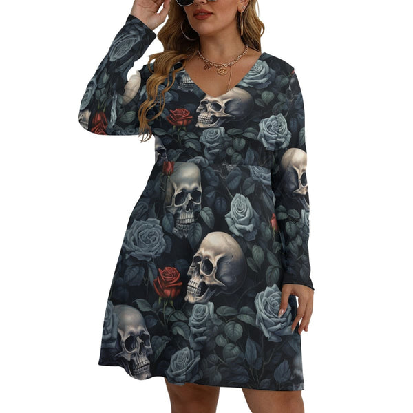 Women's Skull & Blue Red Flowers V-neck Long Sleeve Plus Size Dress