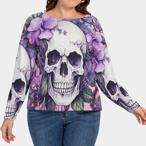 Women's Skull Purple Floral Plus Size Knitted Sweater