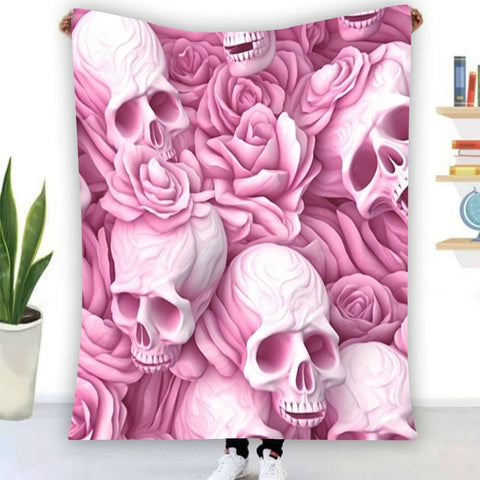Pink Skulls & Roses Single-Side Printing Flannel Blanket