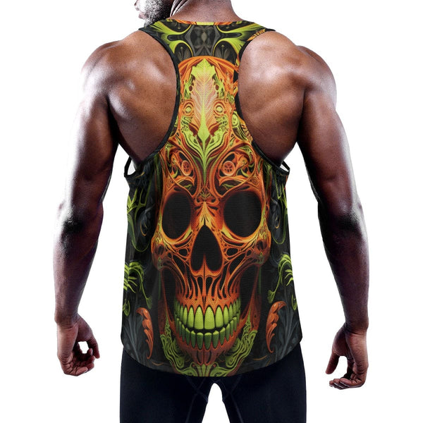 Men's Orange Skull Face Y-Back Muscle Tank Top