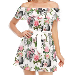 Women's Off-shoulder Skull Floral Dress With Ruffle