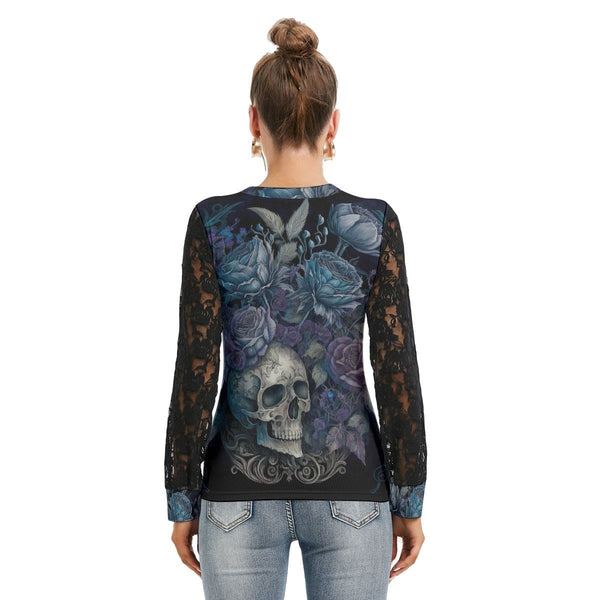 Women's Skull With Blue Floral Long Sleeve With Black Lace