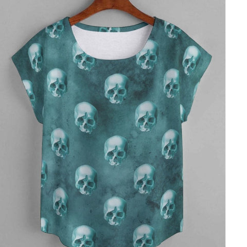 Women's Blue Skulls Curved Hem T-shirt